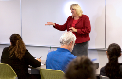 Monica Estrella delivers entrepreneurial instruction for the Inland Empire Center for Entrepreneurship program's Entrepreneurial Technician series.